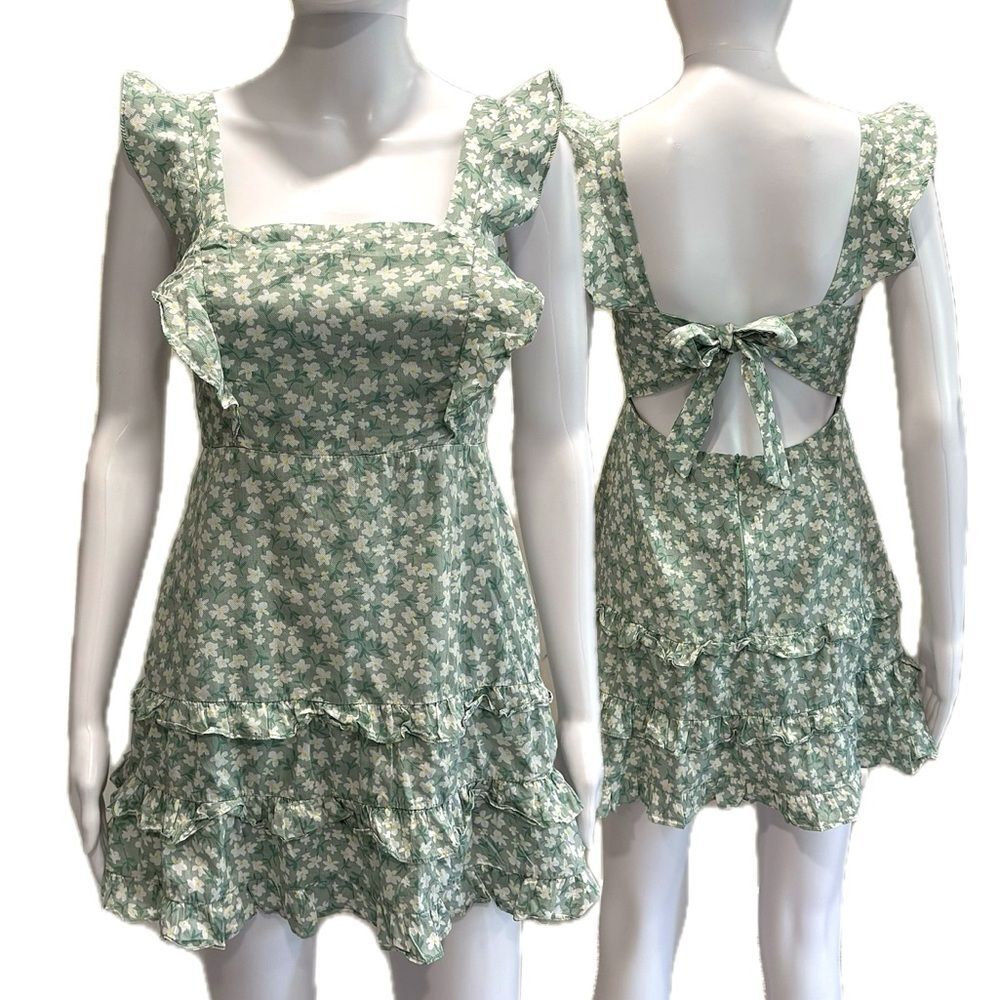 Sundae Muse Floral Flutter Sleeve Sundress Size 6 Backless Tiered Ruffle Hem